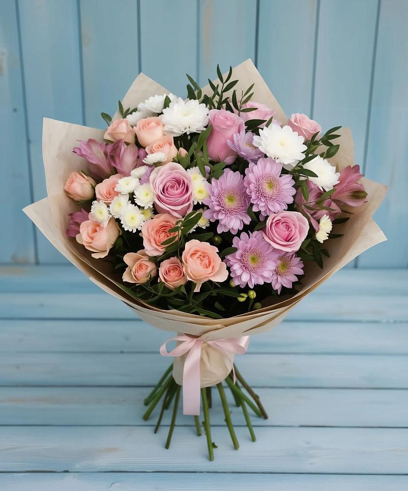 Букет цветов из: Хризантемы, Розы и Альстромерии в Вольное