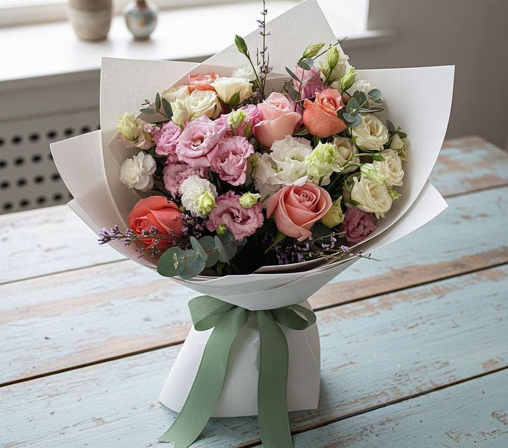 Букет цветов из: Розы, Лизиантусы и Гвоздики в Вольное