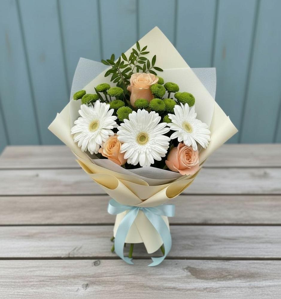 Букет цветов из: Герберы, Розы и Хризантемы в Вольное